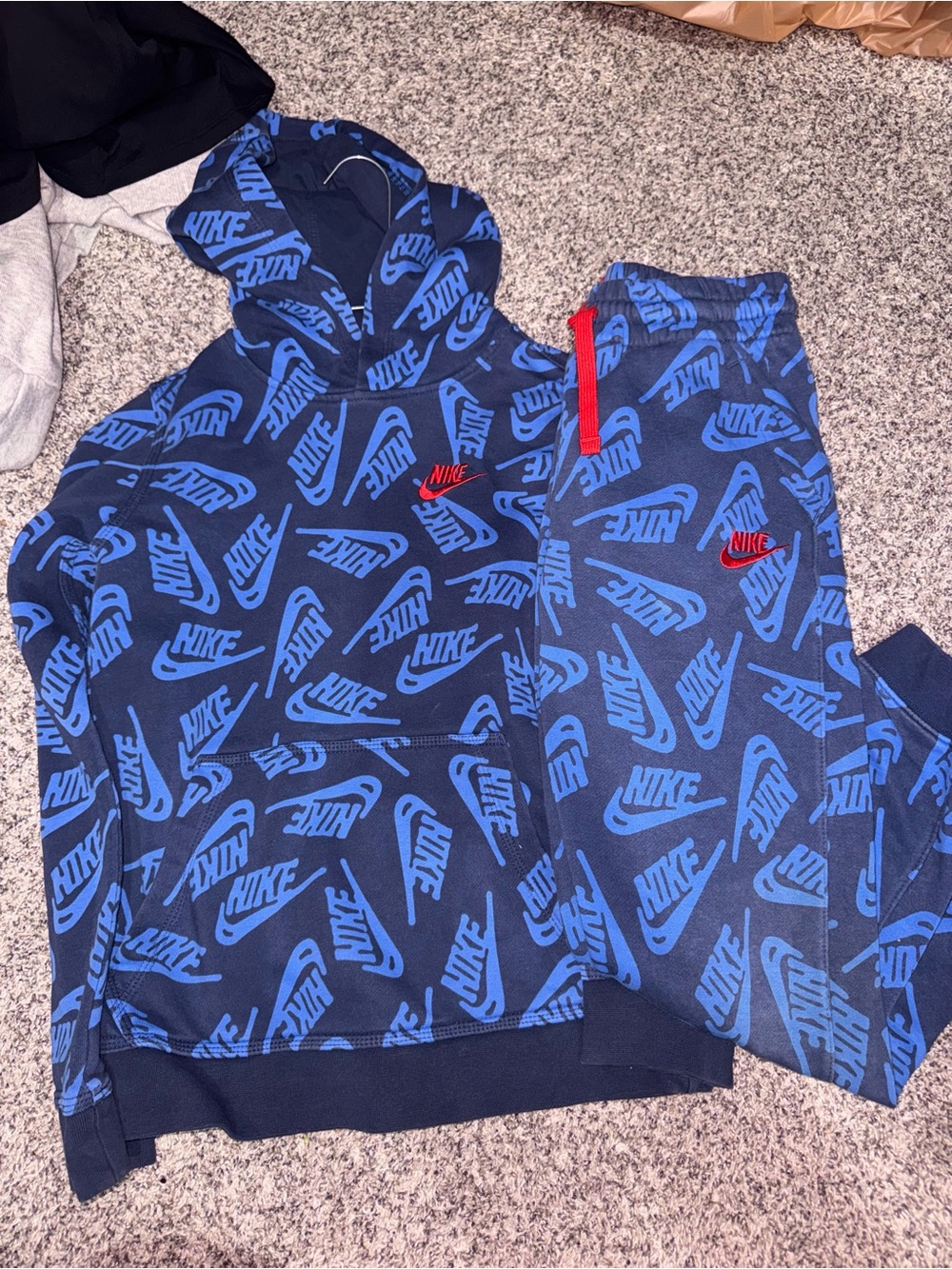 Nike Blue All-Over Logo Hoodie & Jogger Set with Red Accents
